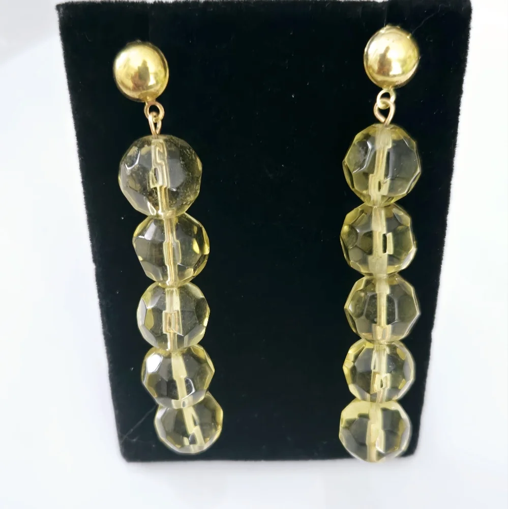 Gold Citrine Beaded Dangle Earrings Lemon Yellow